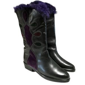 Emmedieci Boots Womens 9 40 Black Leather Suede Purple Fur Trim Wool VTG 90s
